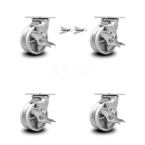 Service Caster 5 Inch V Groove Semi Steel Caster Set with Roller Bearings 4 Brake 2 Swivel Lock SCC-30CS520-VGR-TLB-BSL-2-TLB-2 - main